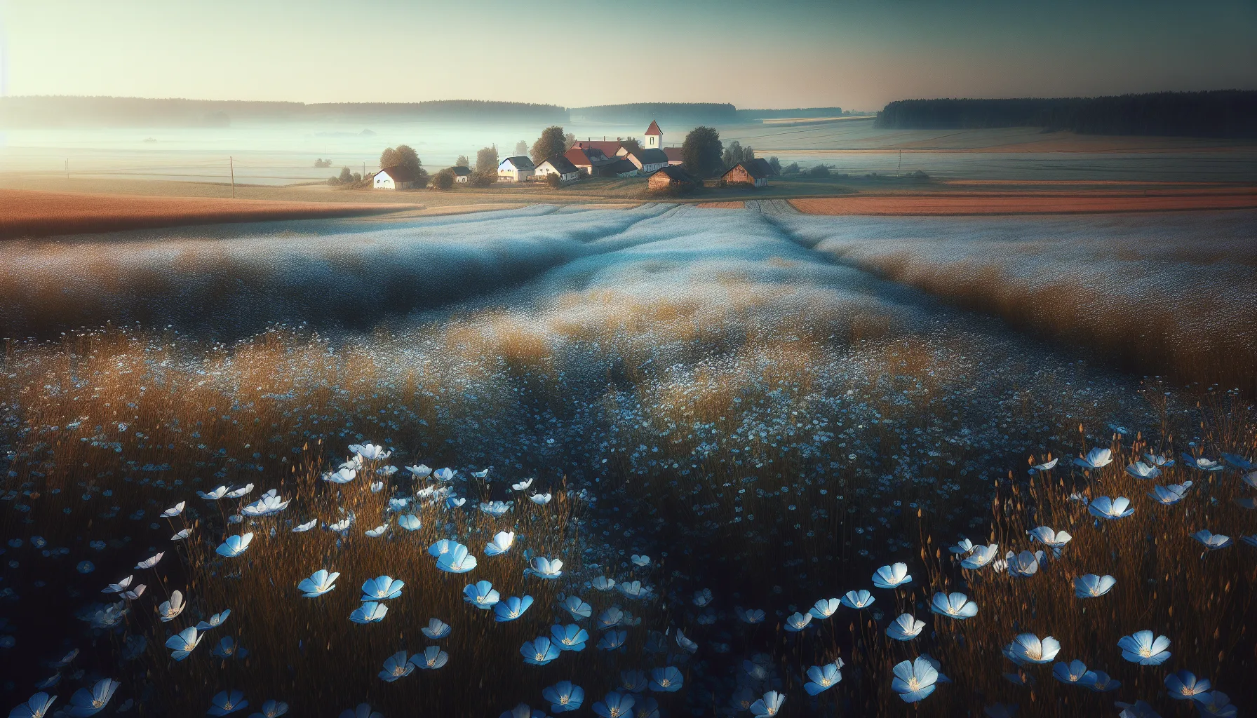 Champs de lin en fleur dans la région de Vitebsk en Biélorussie
