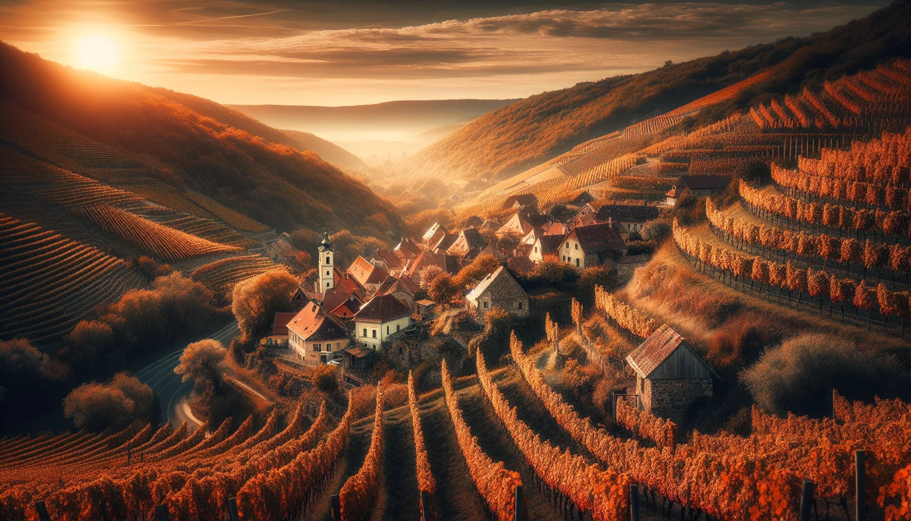 Vignoble de la région de Tokaj en Hongrie avec collines de vignes en terrasses et village historique