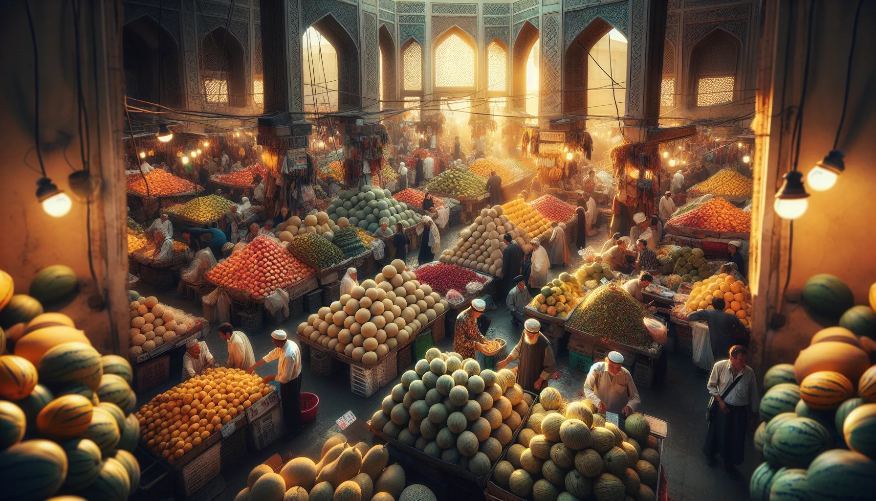 Marché de fruits et melons ouzbeks colorés dans un bazar animé d'Asie centrale