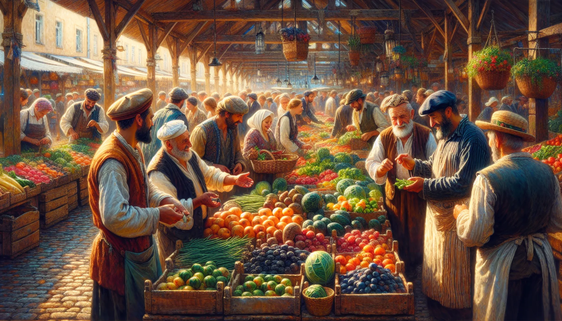 Marché paysan européen avec producteurs locaux vendant fruits et légumes frais