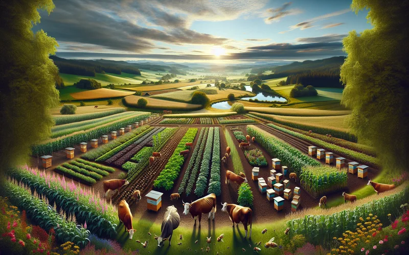 Ferme agroécologique européenne florissante avec biodiversité, cultures mixtes, troupeau et ruches en bordure de champ, lumière dorée