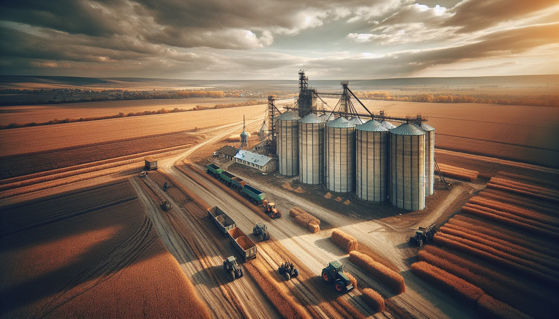 Point de collecte de céréales d'une coopérative agricole en Europe de l'Est avec silos et tracteurs