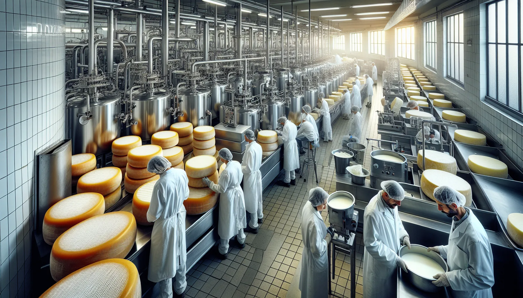 Intérieur d'une fromagerie coopérative européenne avec fabrication artisanale de fromage
